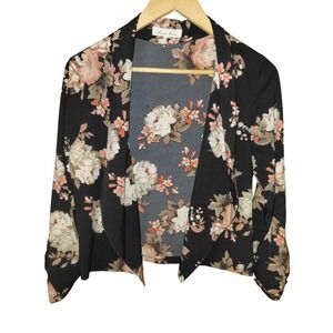 Love Tree Floral Draped Open Front Blazer Black Rose Print Cropped Jacket Large